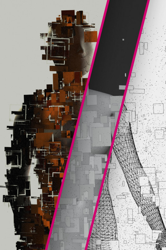 Abstrakte, aus geometrischen Quadraten und Linien aufgebaute Menschensilhouette, dargestellt im Breakdown des 3D Erstellprozesses für 3D-Animationen