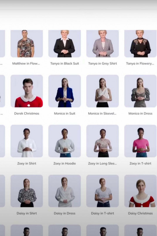 Avatare in HeyGen: Auswahl an realistischen Charakteren für Videoproduktionen, mit verschiedenen Outfits und saisonalen Looks.